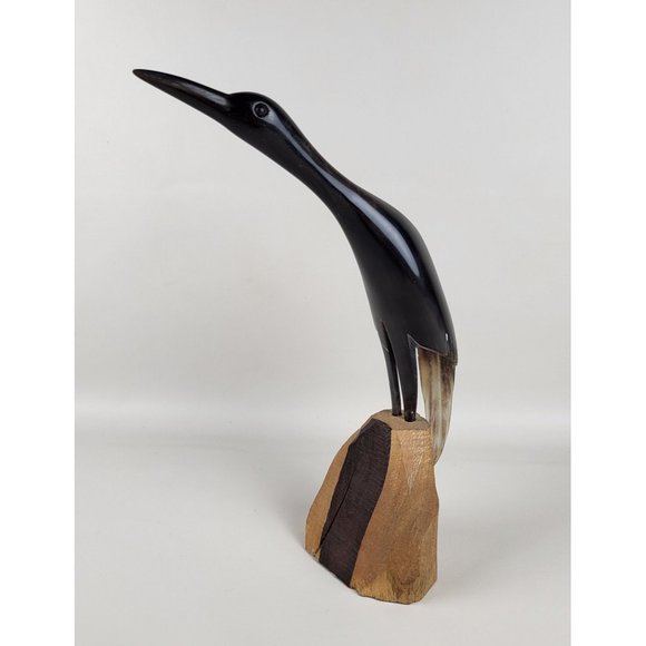 Crane Bird Hand Carved Horn Sculpture on Wood Base MCM Artist Marked - Picture 1 of 12